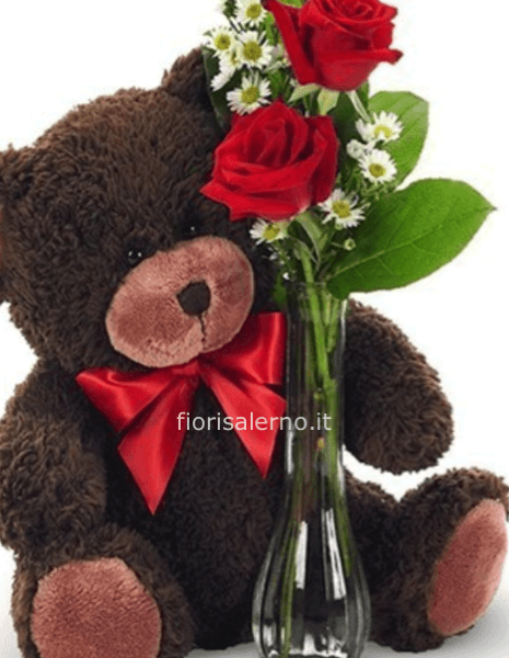 Tre rose rosse e un peluche da 15 cm