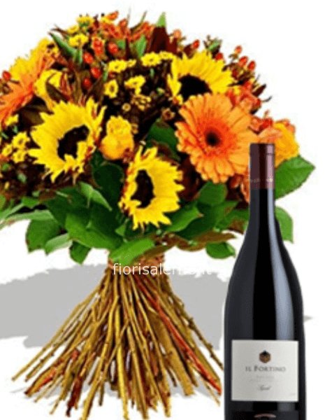 Fascio misto con girasoli , vino