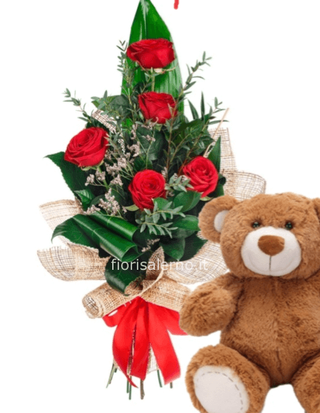Cinque rose rosse , un peluche di 15 cm